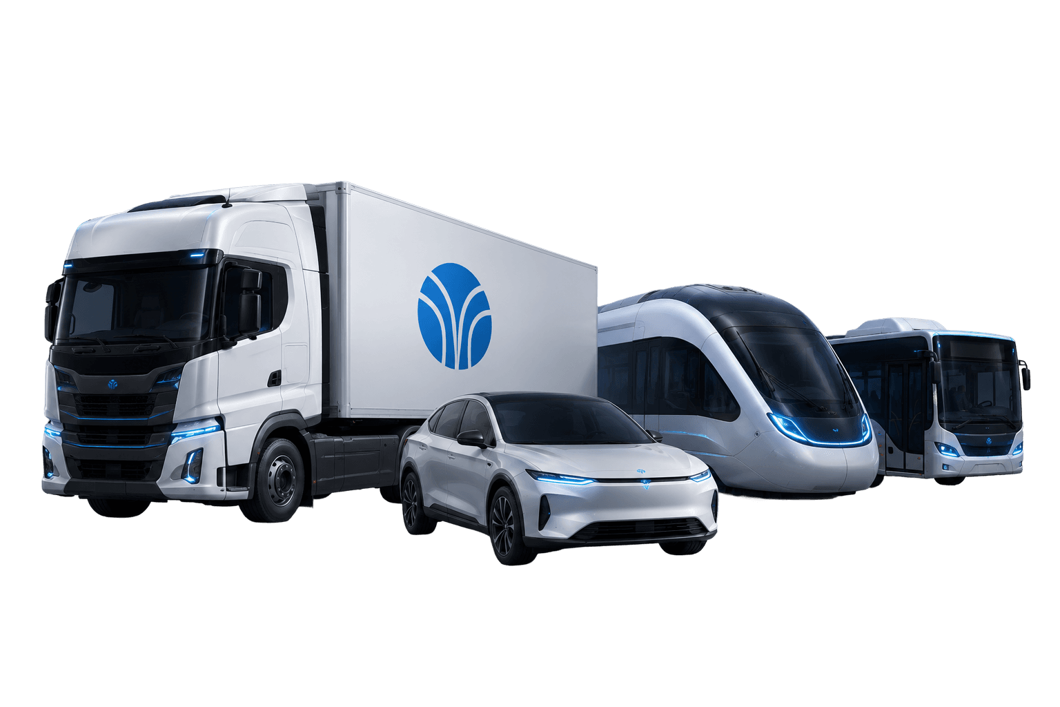 An electric truck, car, tram and bus